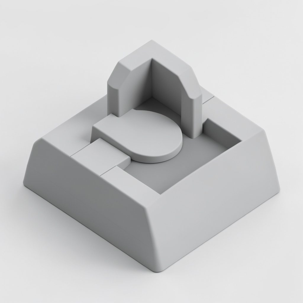 An isometric 3D render of a tidy wooden desk with neatly stacked papers, a notebook, and a small funnel icon, in warm beige and muted gold tones conveying calm order